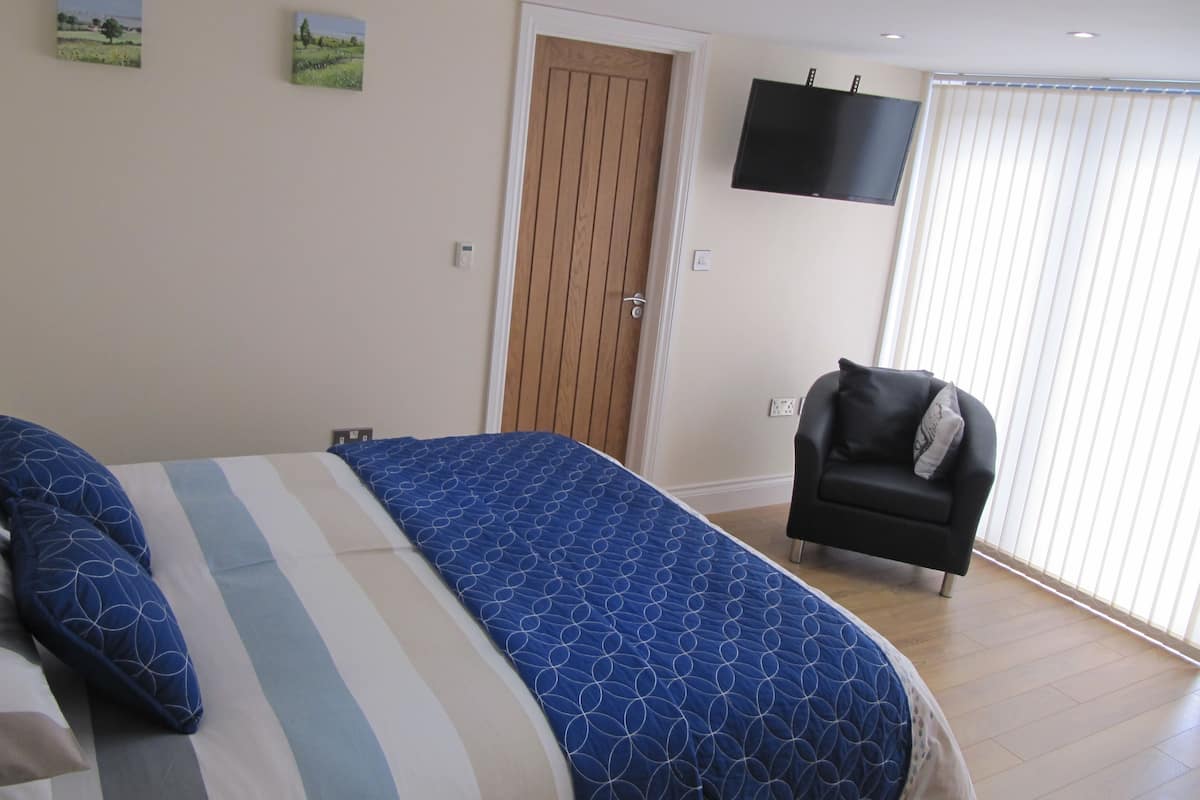 A bedroom with a bed, a chair, a TV, and a door.