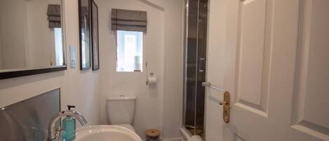 A bathroom with a sink, toilet, and shower.