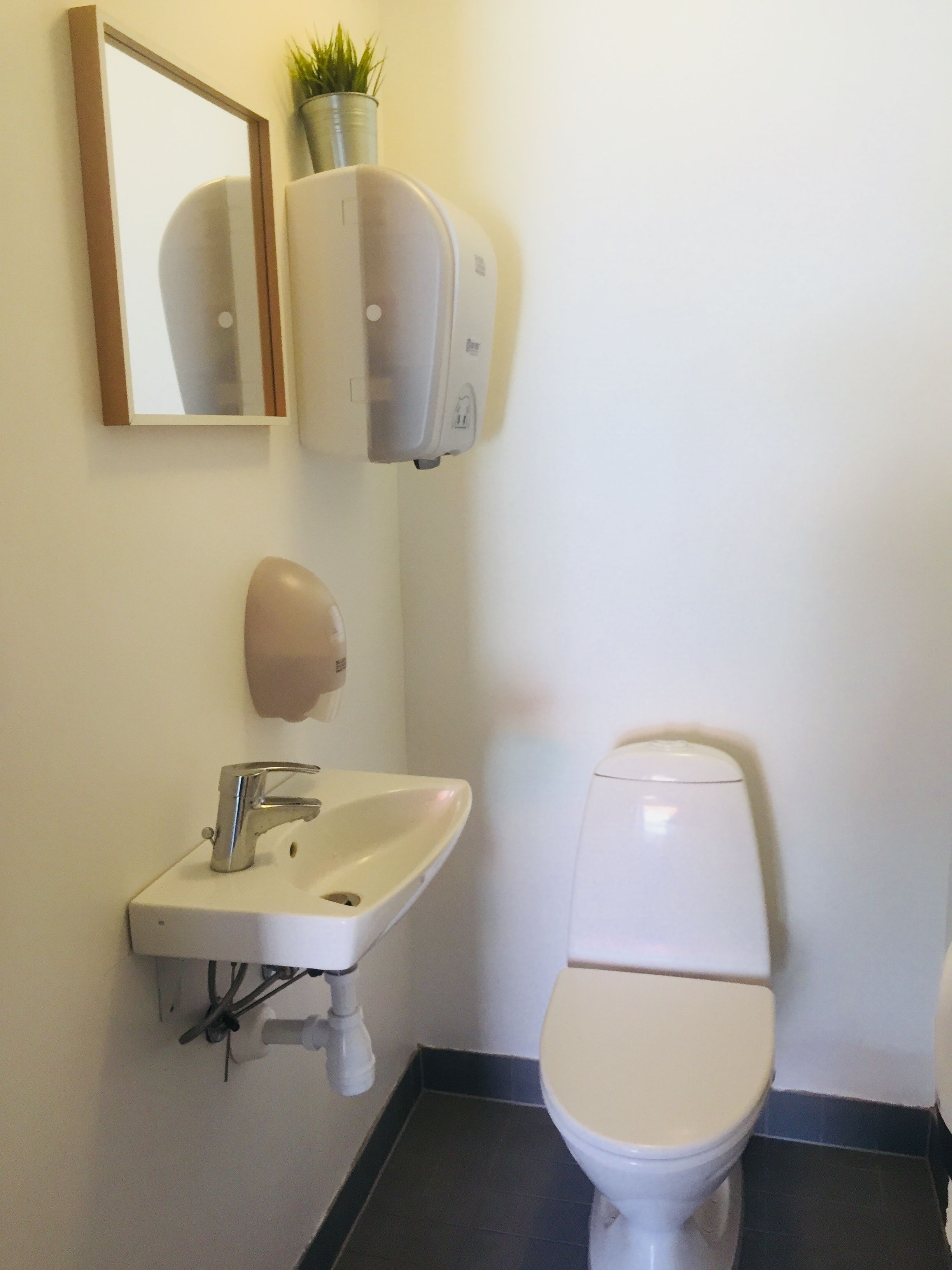 Ein Badezimmer mit Waschbecken, Spiegel, Toilette und einer an der Wand befestigten Seifenspender.