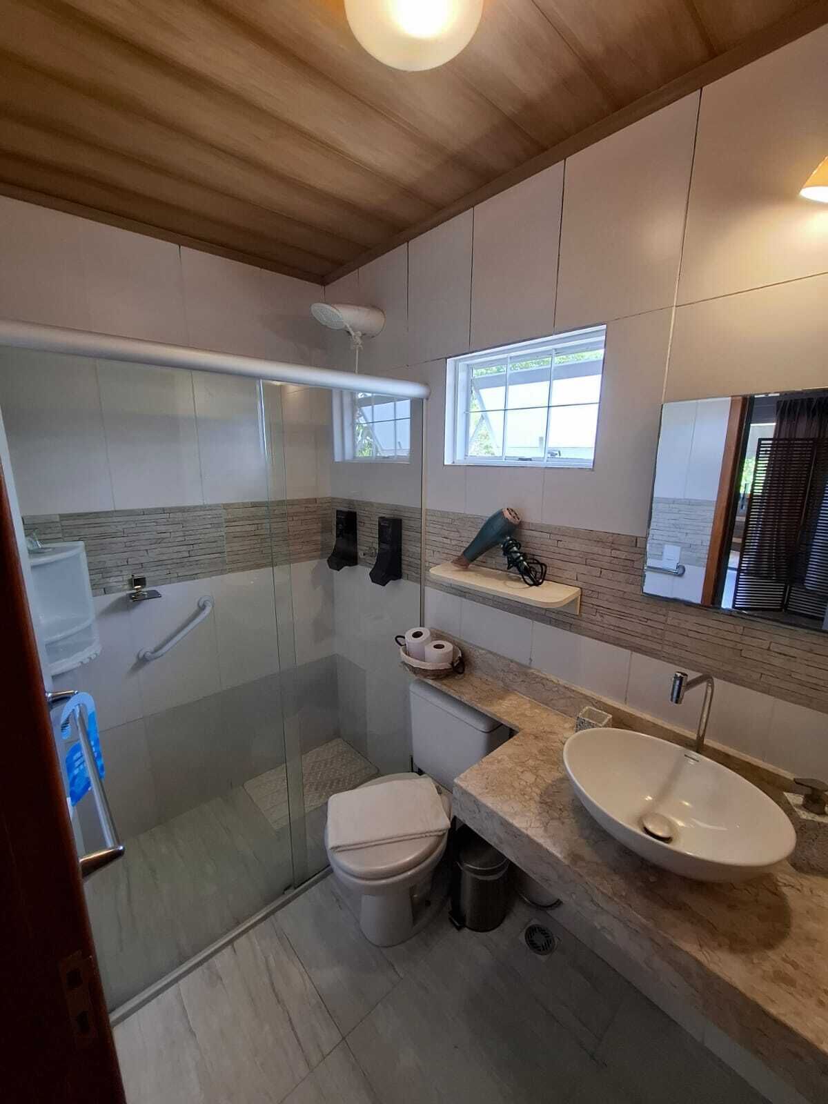 A modern bathroom with a glass-enclosed shower, a toilet, a sink, and a vanity with a mirror.