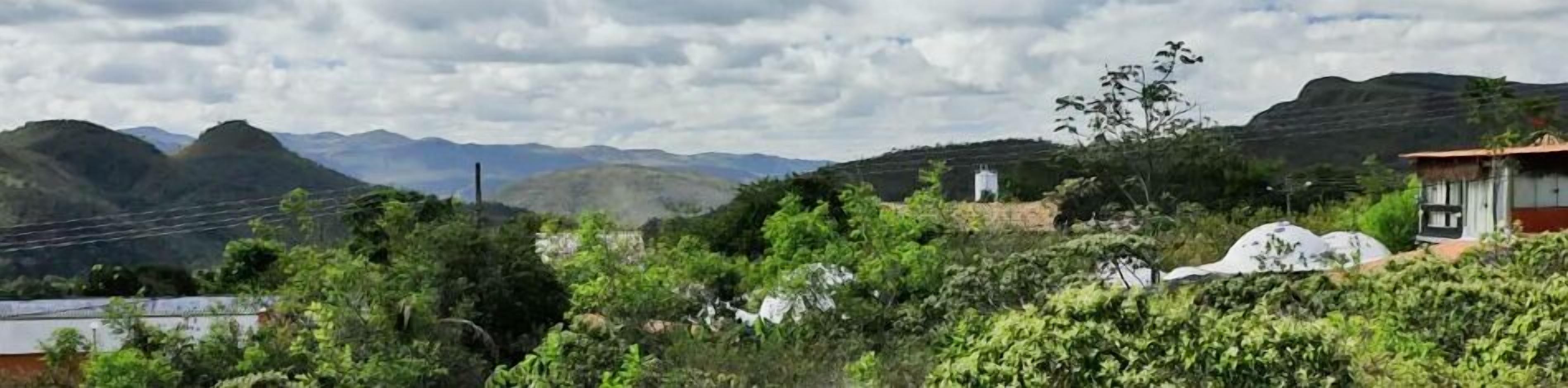 Paisaje montañoso con una casa rodeada de vegetación densa.