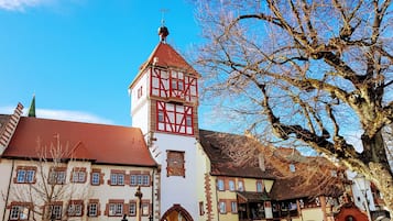 A traditional European building with a prominent tower, a large tree in the foreground, and a clear blue sky.