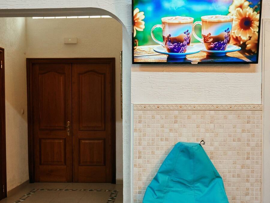 A room with a teal bean bag chair, a television displaying a floral scene, and a wooden door.