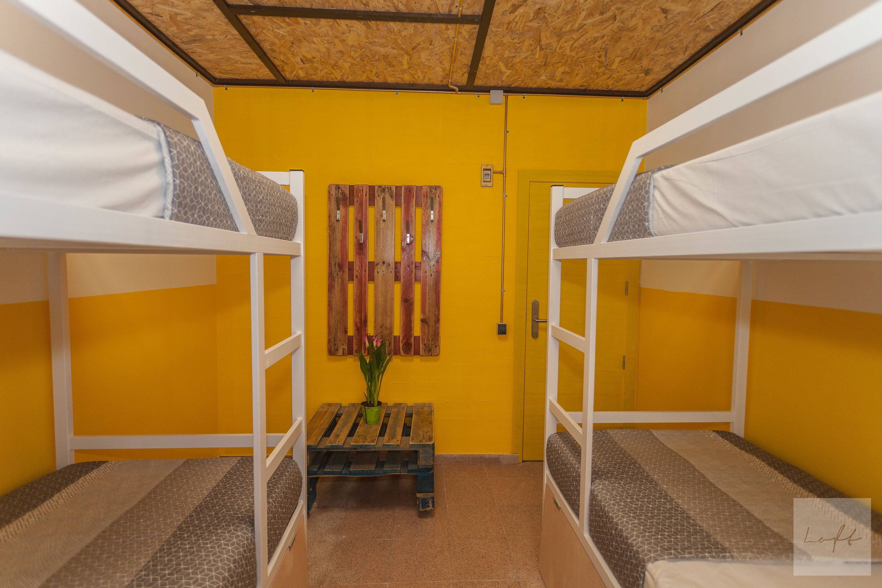 Une chambre avec des lits superposés, des murs jaunes, un banc en bois et une porte.