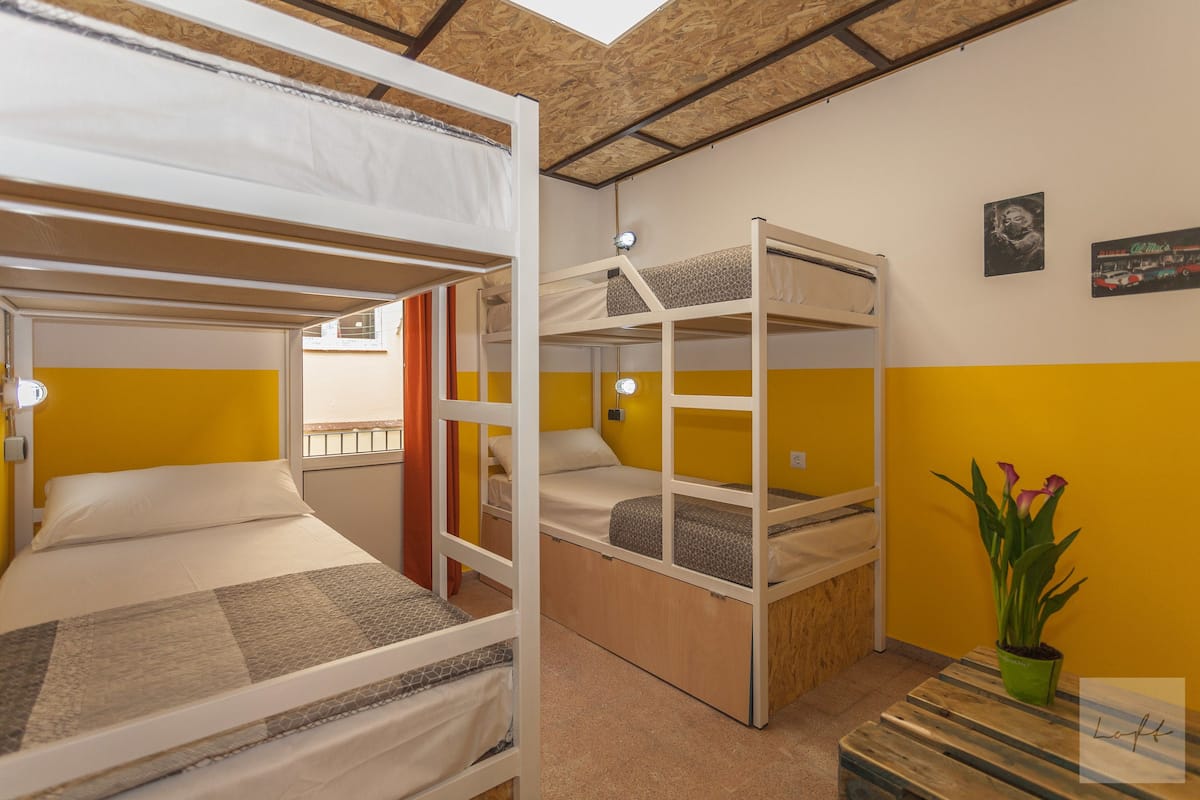 Een slaapkamer met stapelbed, een geel-wit kleurenschema, een kleine tafel met een plant en een muur met een foto en een bord.