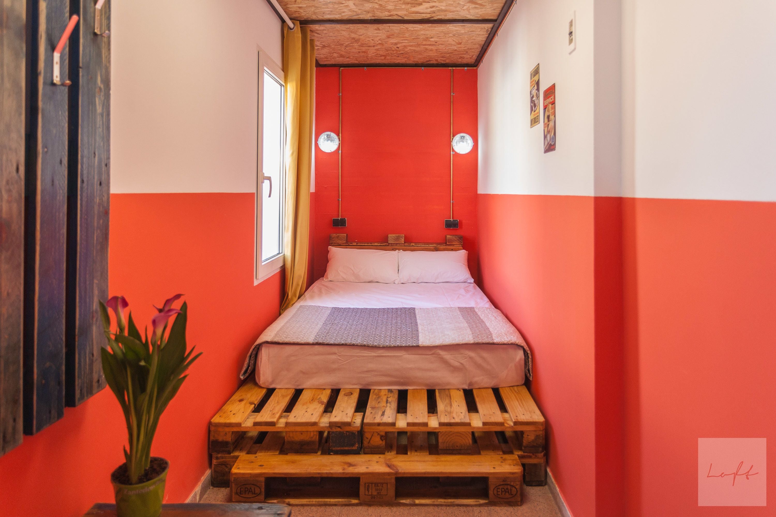 Una habitación pequeña y de colores vivos con una cama sobre un pallier de madera, una planta en maceta y una ventana.