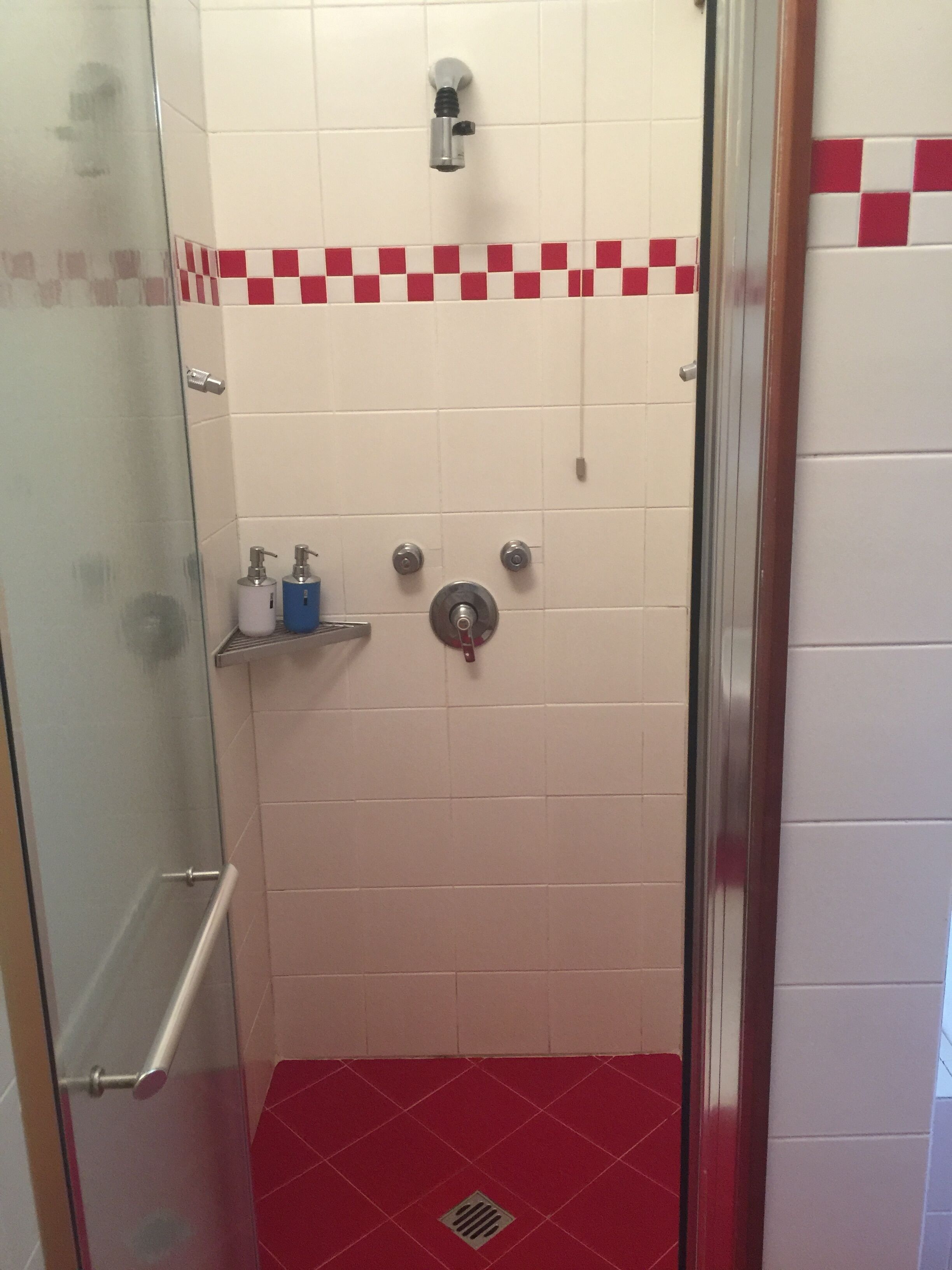 A shower with a glass door, a red-tiled floor, and a white-tiled wall with red accents.