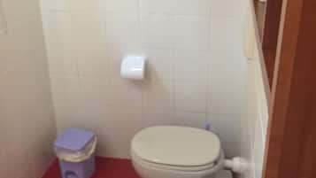 Ein kleines Badezimmer mit Toilette, Bidet und Waschbecken.