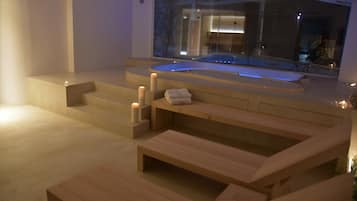 Sauna, hot tub, steam room, hot stone massages, deep-tissue massages