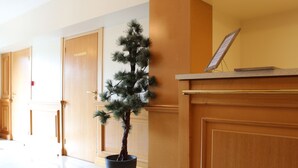 A reception area with a potted tree, wooden doors, and a reception desk. - Hôtel Sainte Marie (Lourdes)