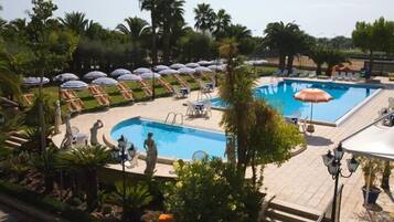 Sesongbasert utendørsbasseng, bassengparasoller og solsenger