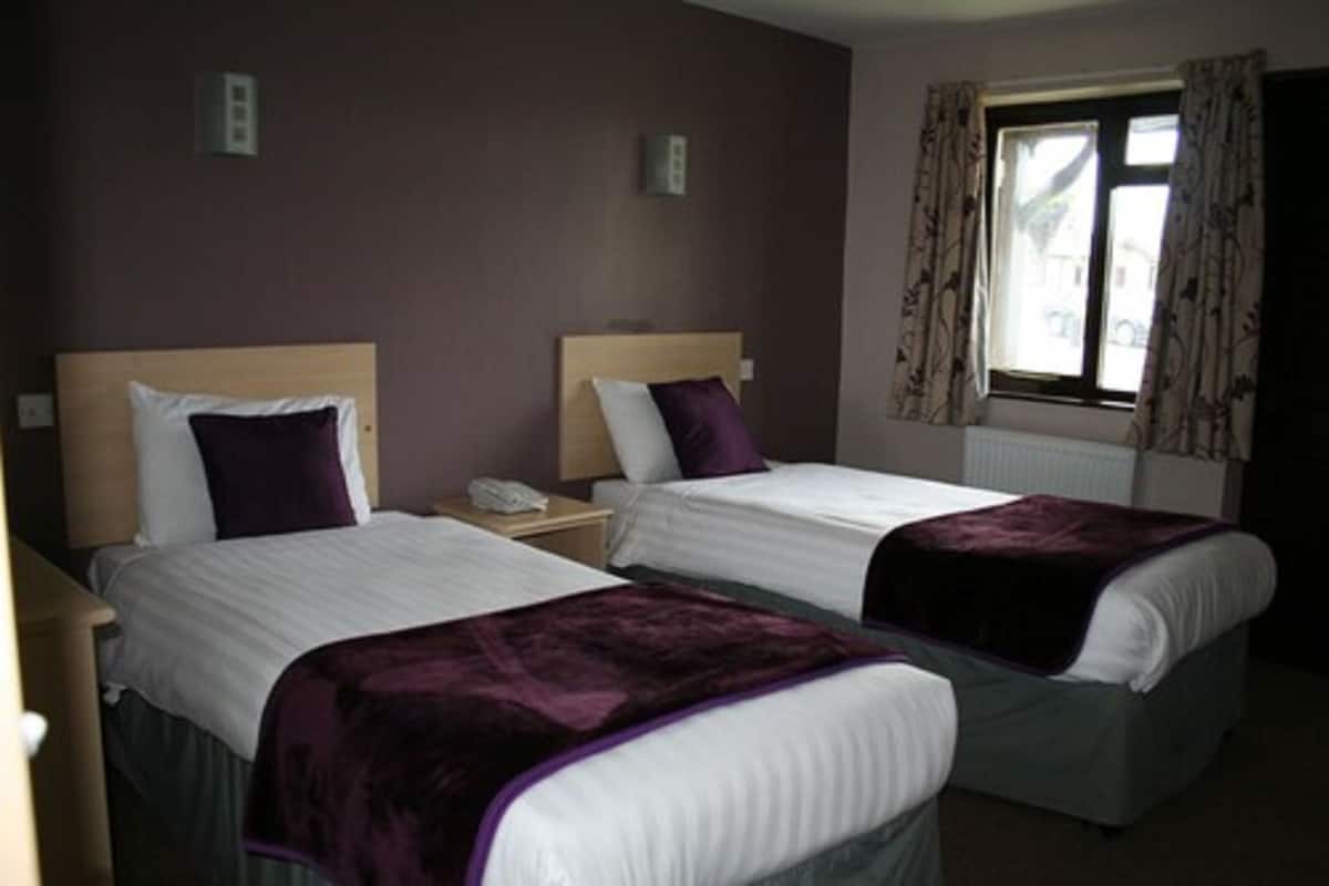Two single beds with headboards, a nightstand with a phone, a window with curtains, and a radiator.