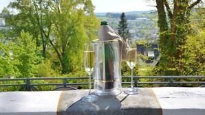 Ein Tisch mit einer klaren Flasche und zwei Gläsern, vor einer malerischen Kulisse aus Bäumen und weiter Ferne.