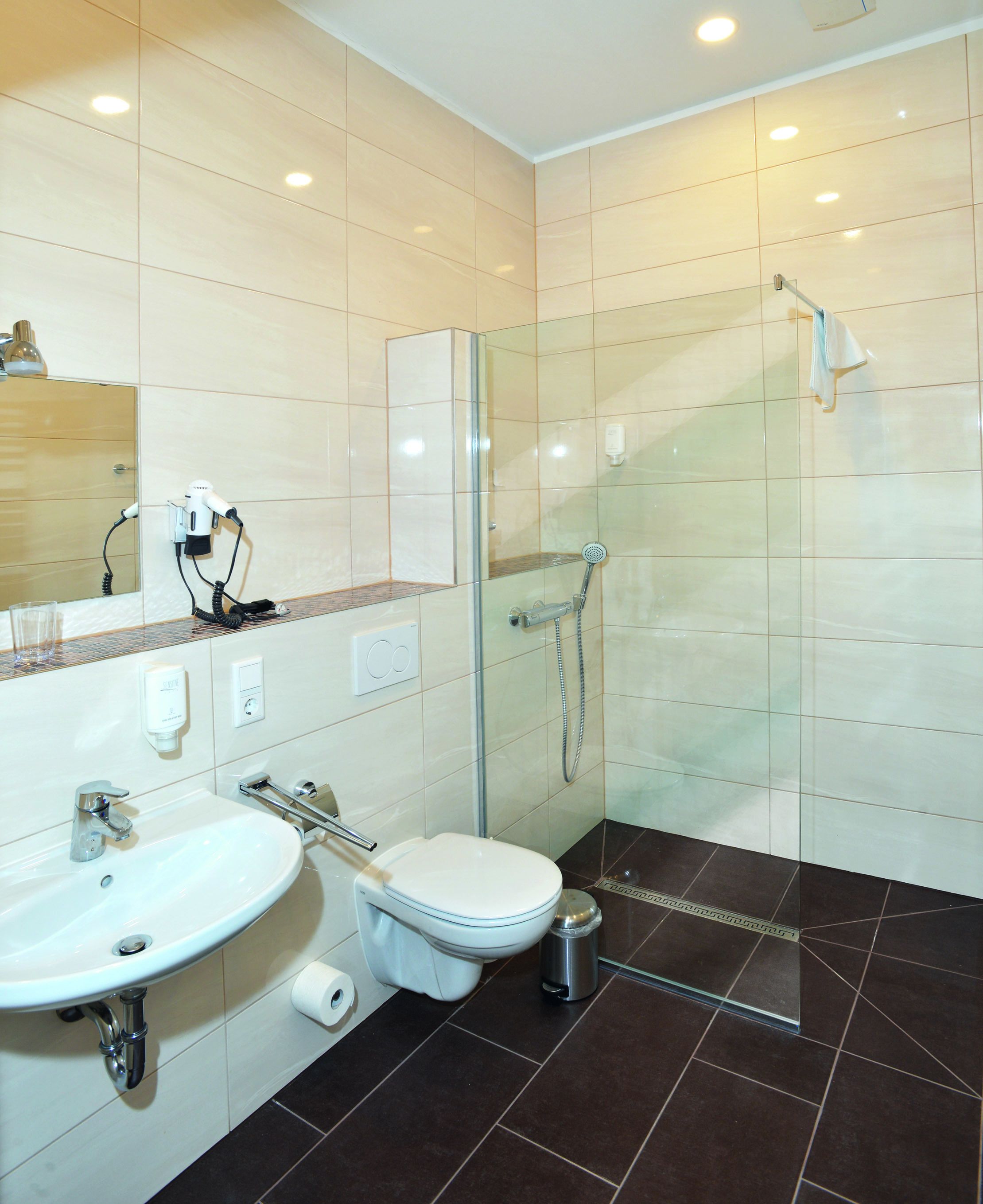 shower, free toiletries, hair dryer, towels