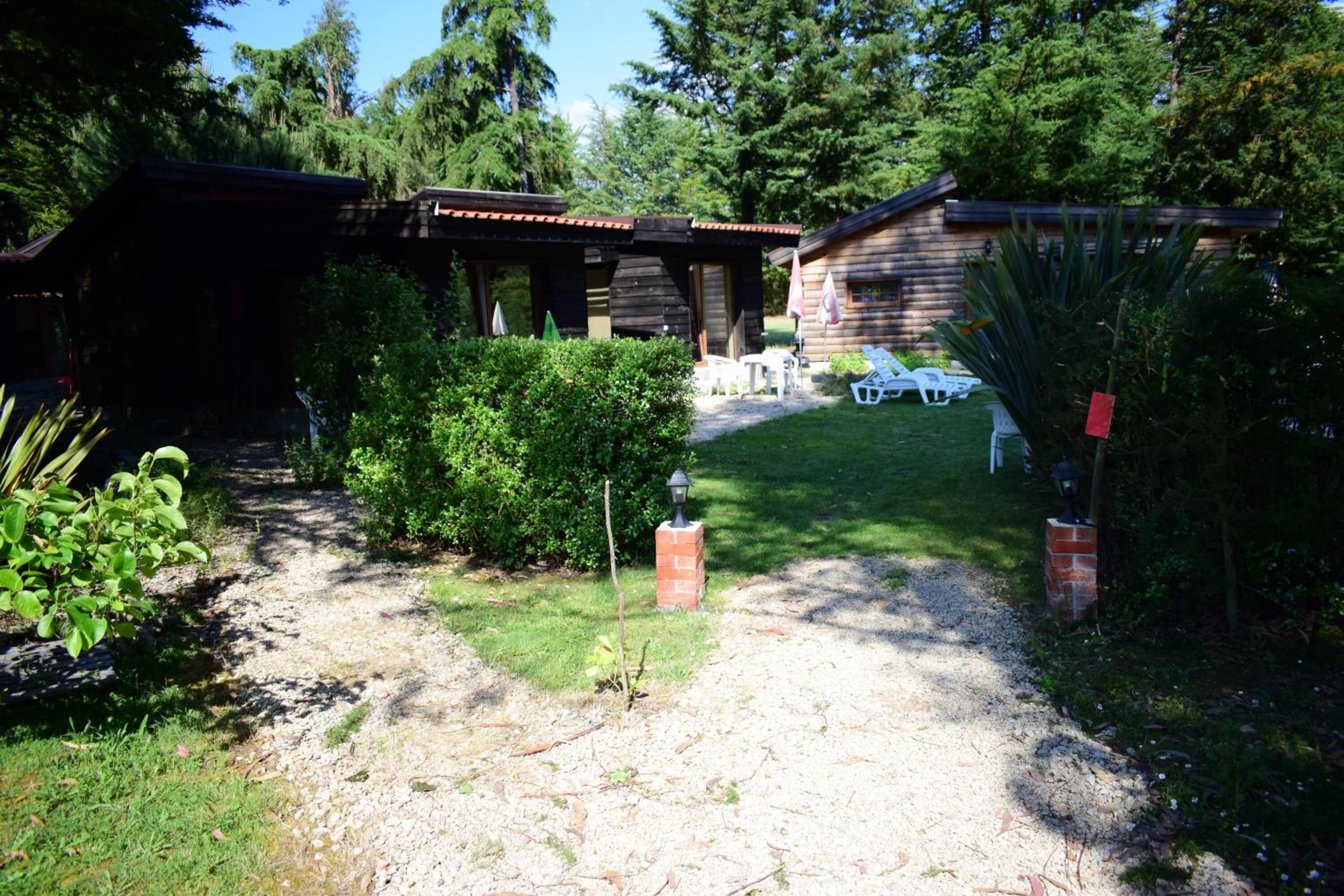 A rustic cabin with a gravel path leading to a covered patio area with outdoor seating.