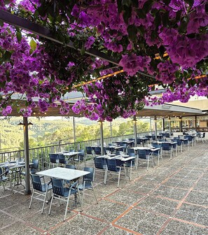 An outdoor seating area with tables and chairs, covered by a pergola with purple flowers, overlooking a scenic landscape. - Hotel Can Fisa (Corbera De Llobregat)