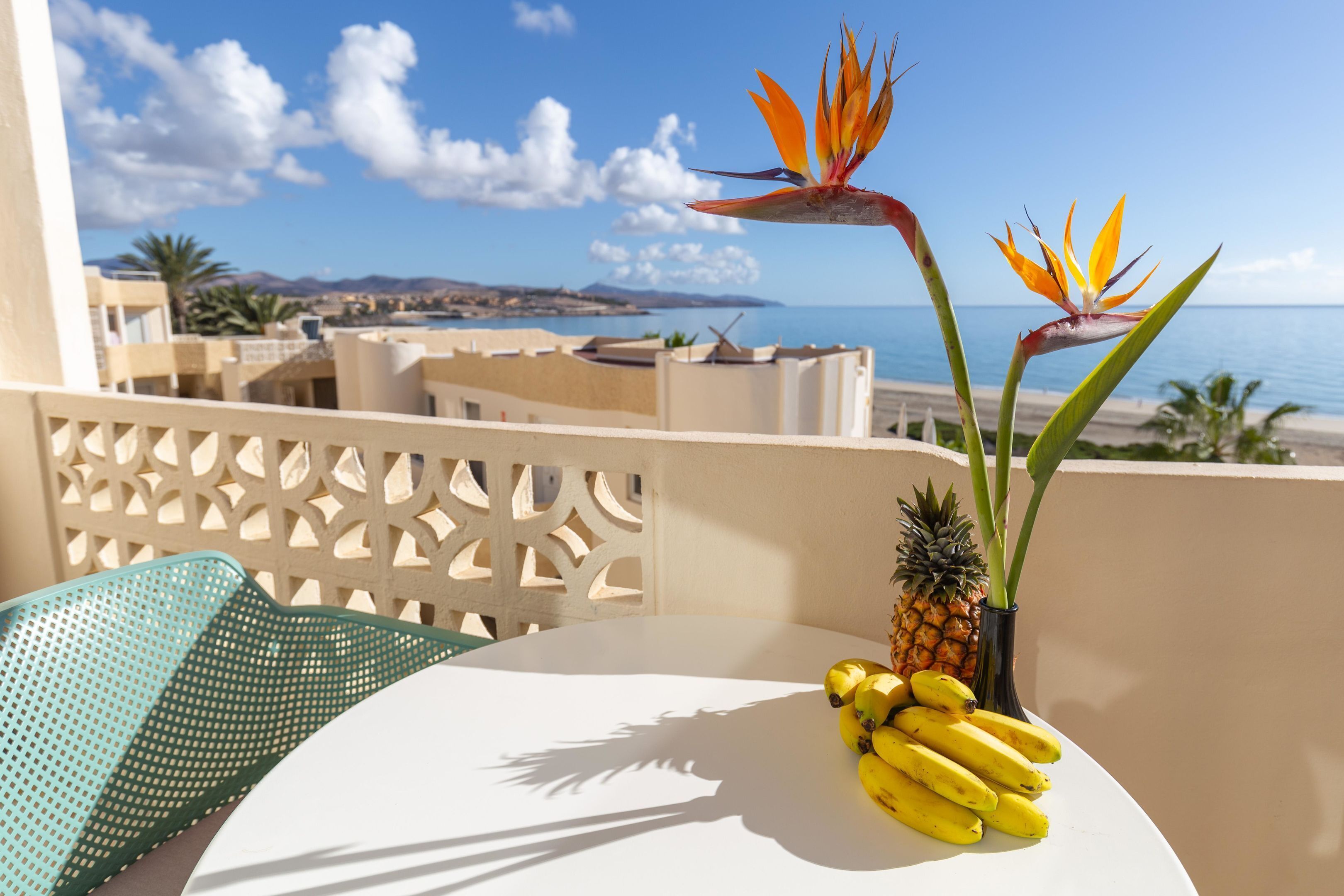 A balcony with a table, a chair, a plant, and a pineapple.