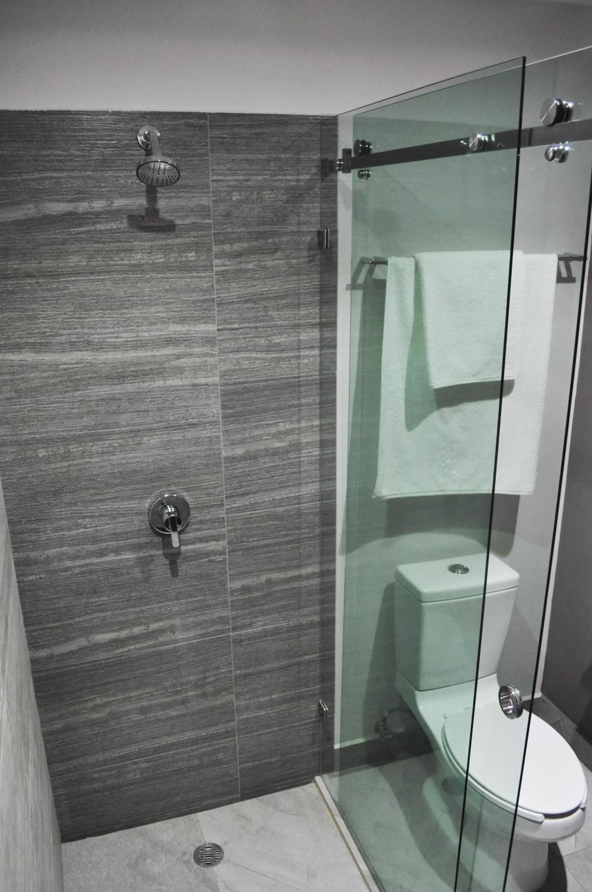 Une salle de bain moderne avec une douche à parois de verre, des toilettes et une serviette accrochée au mur.