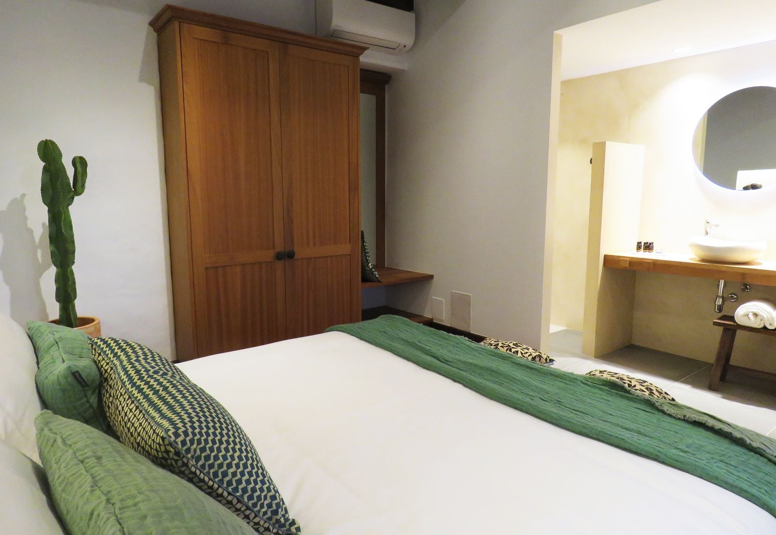 Un dormitorio con cama, armario de madera, planta verde y baño con lavamanos y espejo.