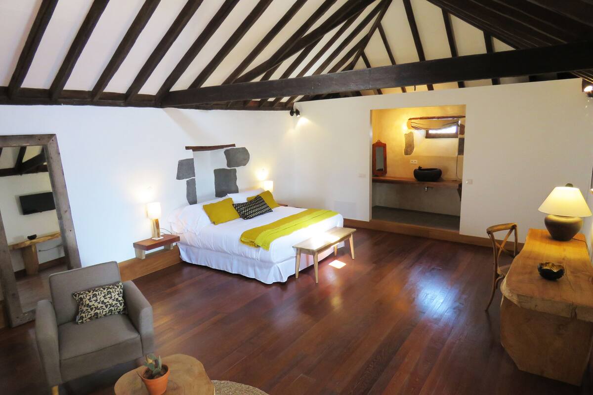 A bedroom with a bed, bedside tables, a chair, a small table with a plant, and a wooden floor.
