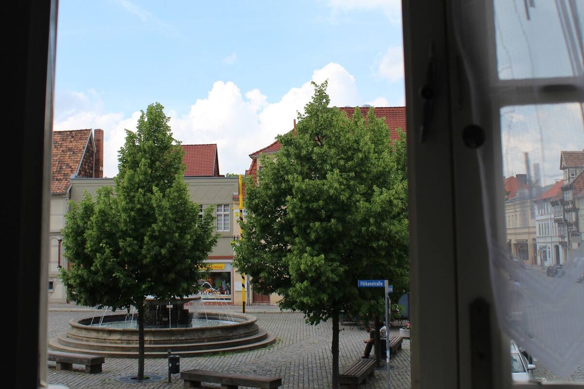 A view through a window of a cobblestone plaza with trees, benches, and buildings.