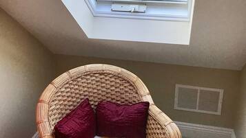 A room with a skylight, a wicker chair with cushions, and a radiator.