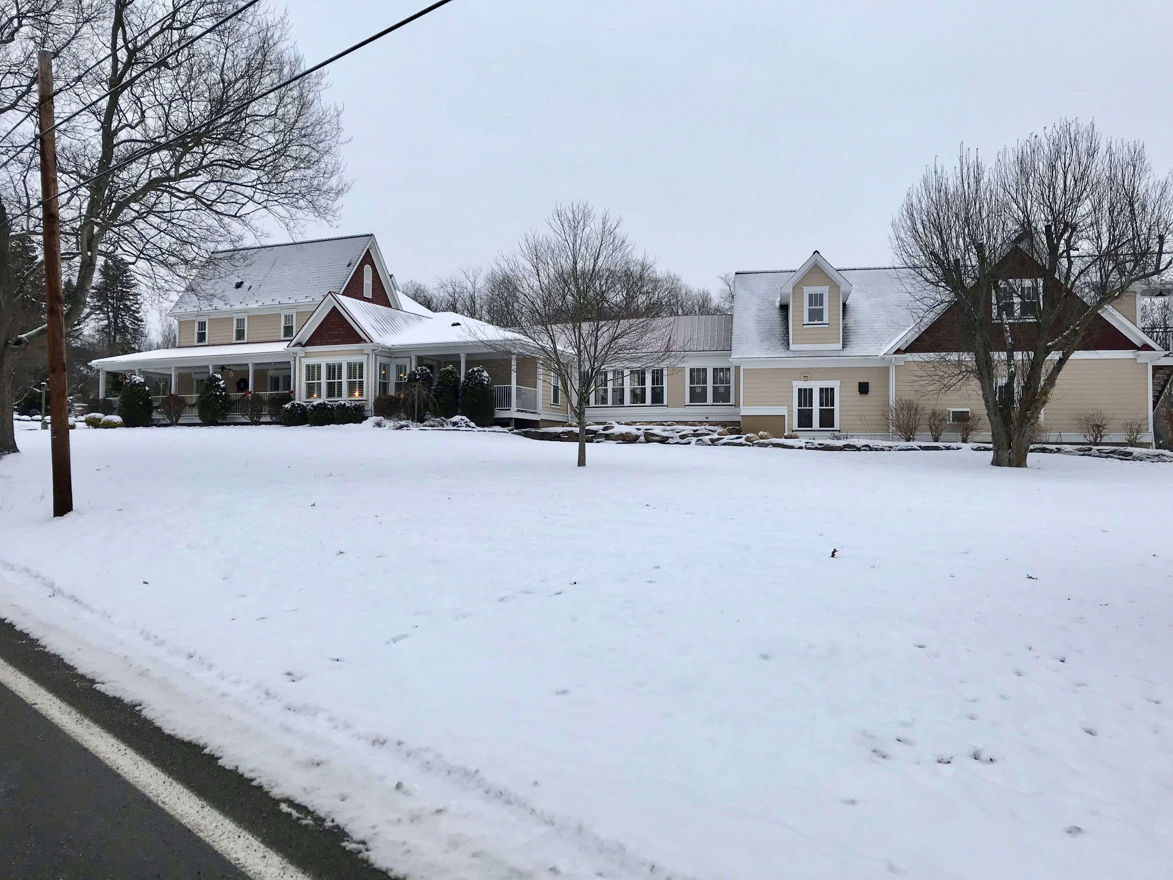 A residential area with houses covered in snow, a clear road, and bare trees.