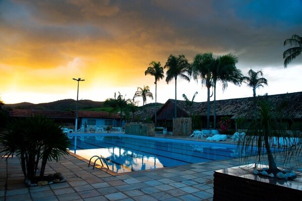 Outdoor pool, a waterfall pool
