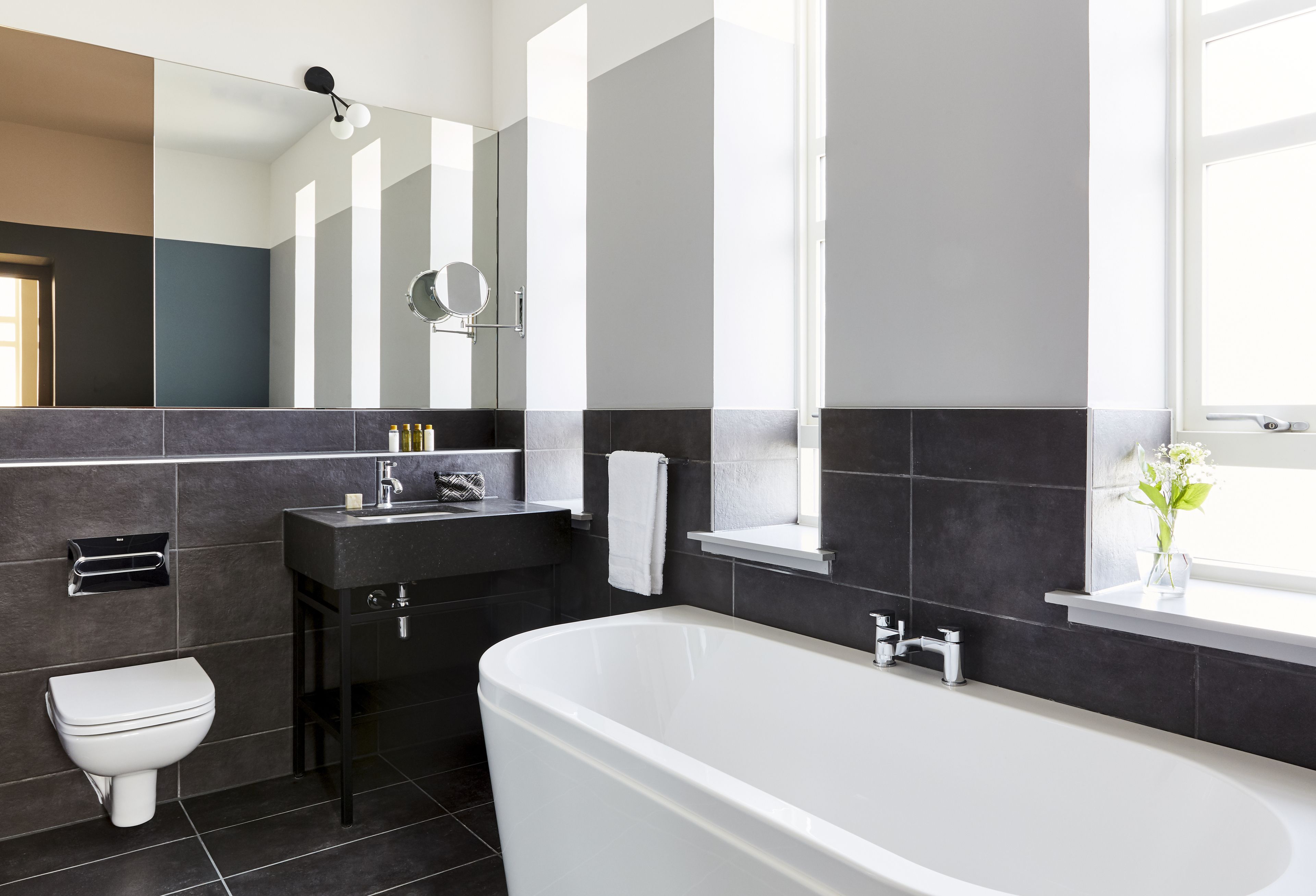 shower, rainfall showerhead, designer toiletries, hair dryer