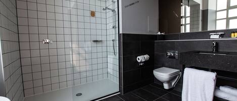 A modern bathroom with a glass-enclosed shower, a toilet, and a vanity with a mirror.