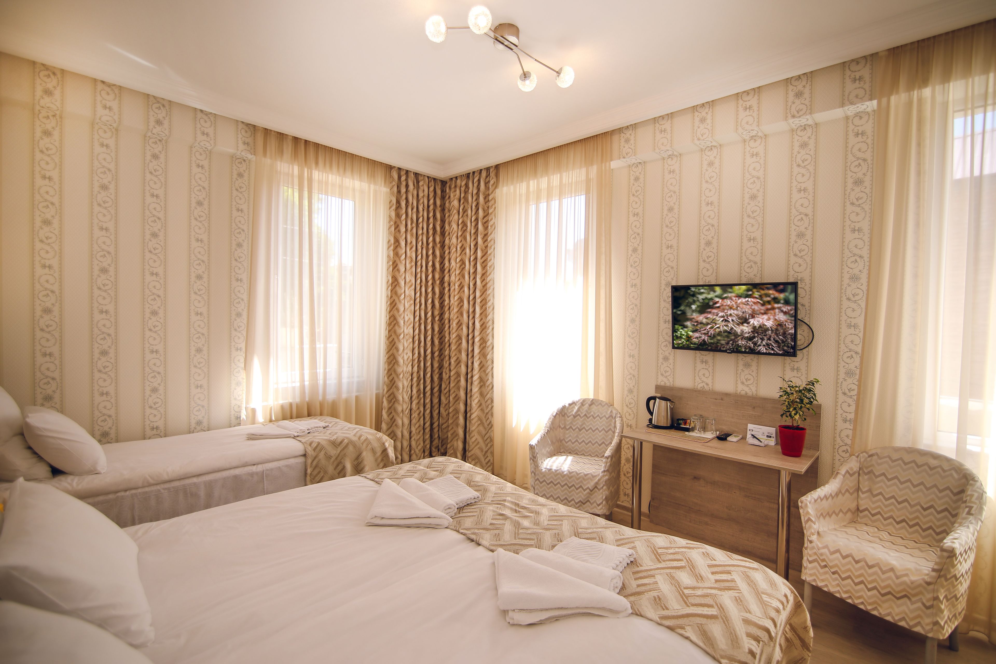 A hotel room with two beds, a desk, a chair, a TV, and a potted plant.
