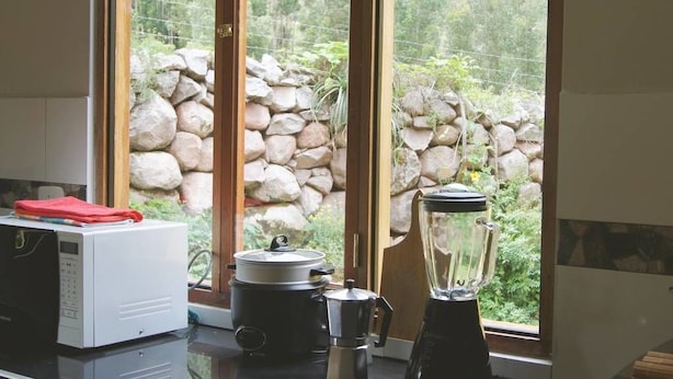 Une cuisine équipée d’un four à micro-ondes, d’une mijoteuse et d’un mixeur, le tout posé sur le plan de travail, avec un mur en pierre et de la verdure visible par la fenêtre.