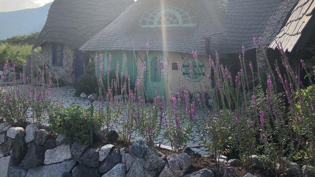 A stone cottage with a thatched roof, surrounded by a garden with purple flowers. - Hope Sea Bed and Breakfast (Hualien City)