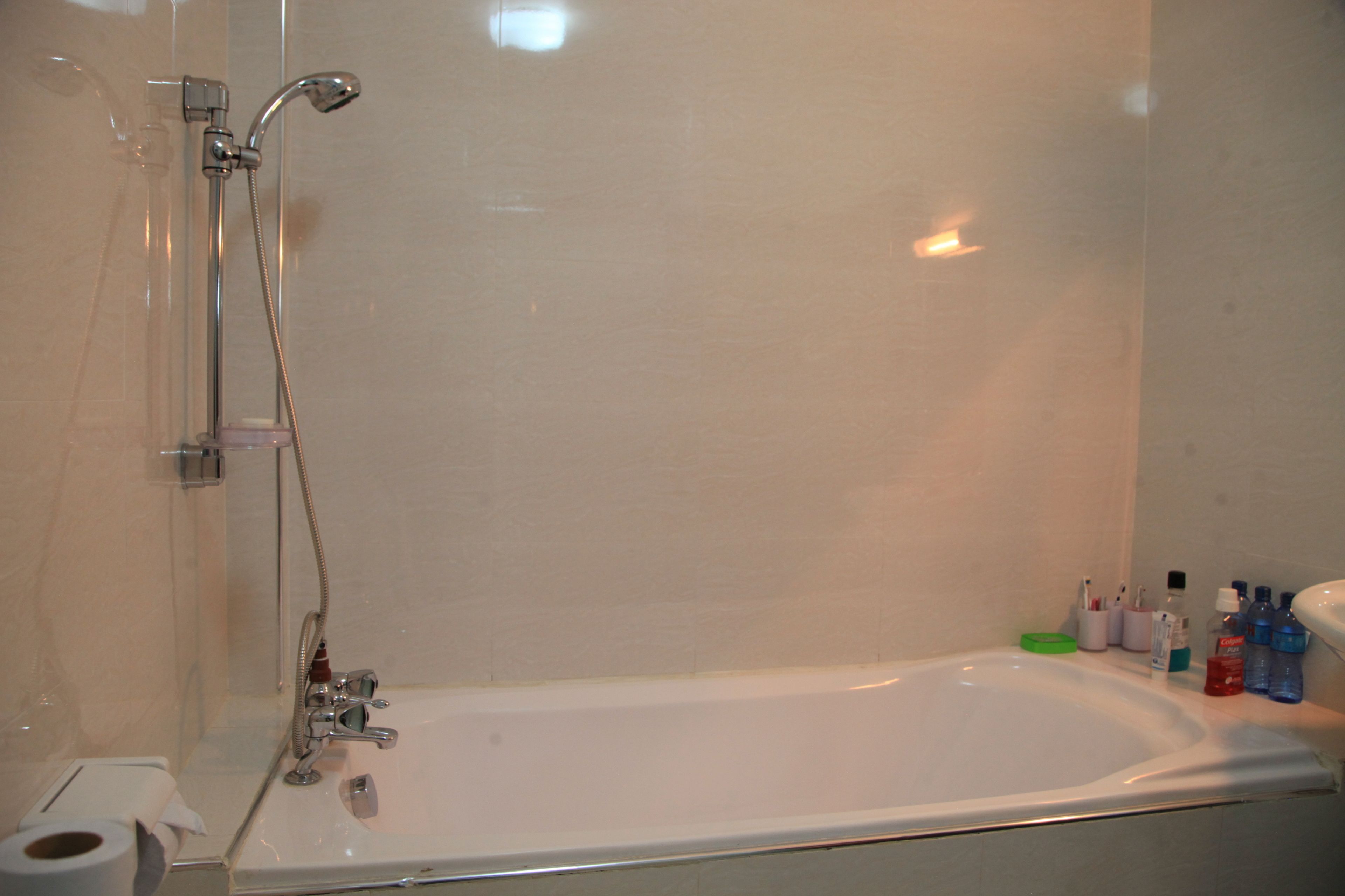 Een badkamer met een bad, een douche en een toilet.