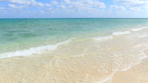 A beach with clear turquoise water and a sandy shore.