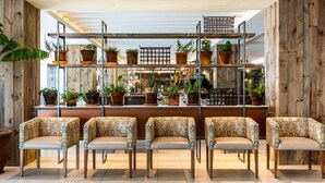 A bar area with wooden shelves holding potted plants, a counter, and patterned chairs. - Trademark Hotel (Nairobi)