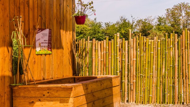 A wooden building with a bamboo fence and a hanging plant. - Du coq à l'âne (Saint-Georges-de-Rex)
