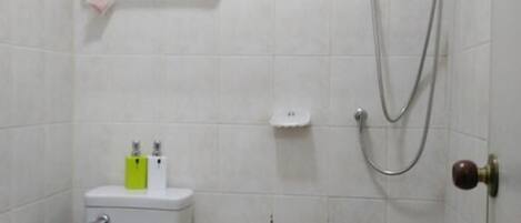 Un baño pequeño con azulejos, que incluye un inodoro, una ducha y un dispensador de papel higiénico.