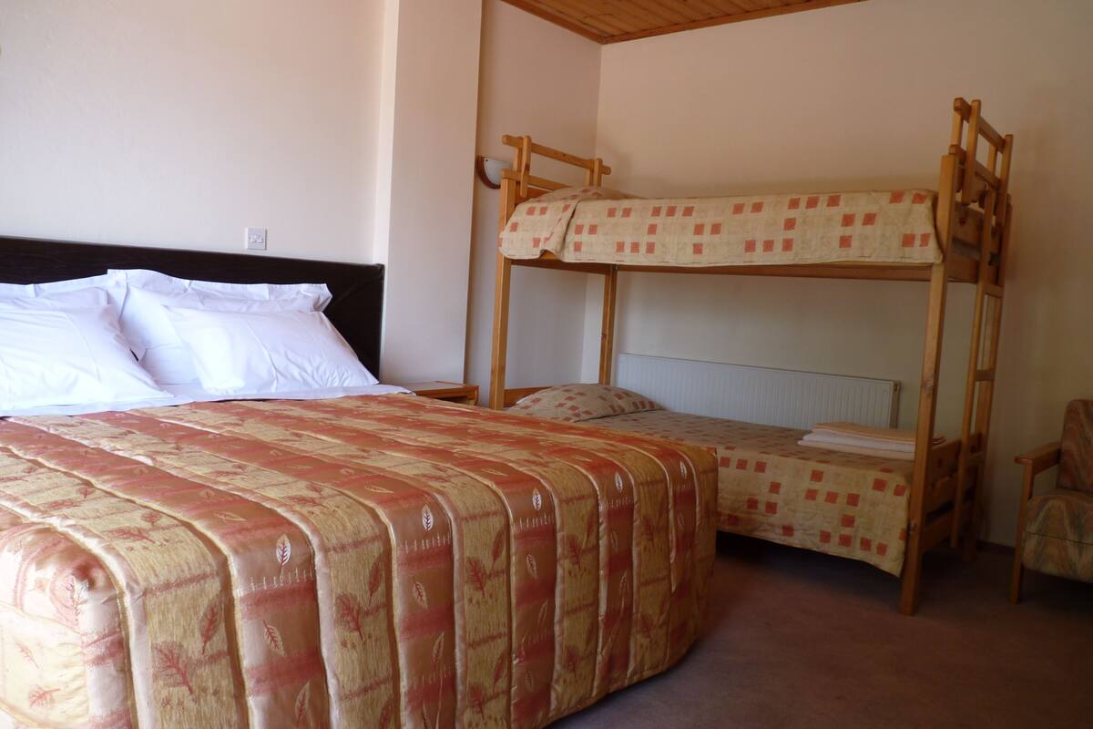 Una cama litera con un edredón estampado y almohadas, un cabecero de madera y una silla.