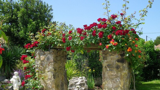 Un jardín con un arco de piedra cubierto de flores rojas y anaranjadas, una estatua blanca y un camino de piedra.