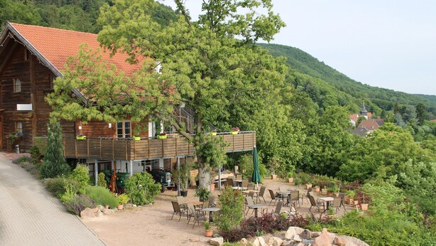 Ein rustikales Holzgebäude mit Außenbestuhlung und einem Garten.