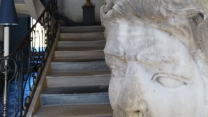 Een trap met een stenen balustrade, een metalen leuning en een decoratieve beeldhouwsel van een leeuwenkop.