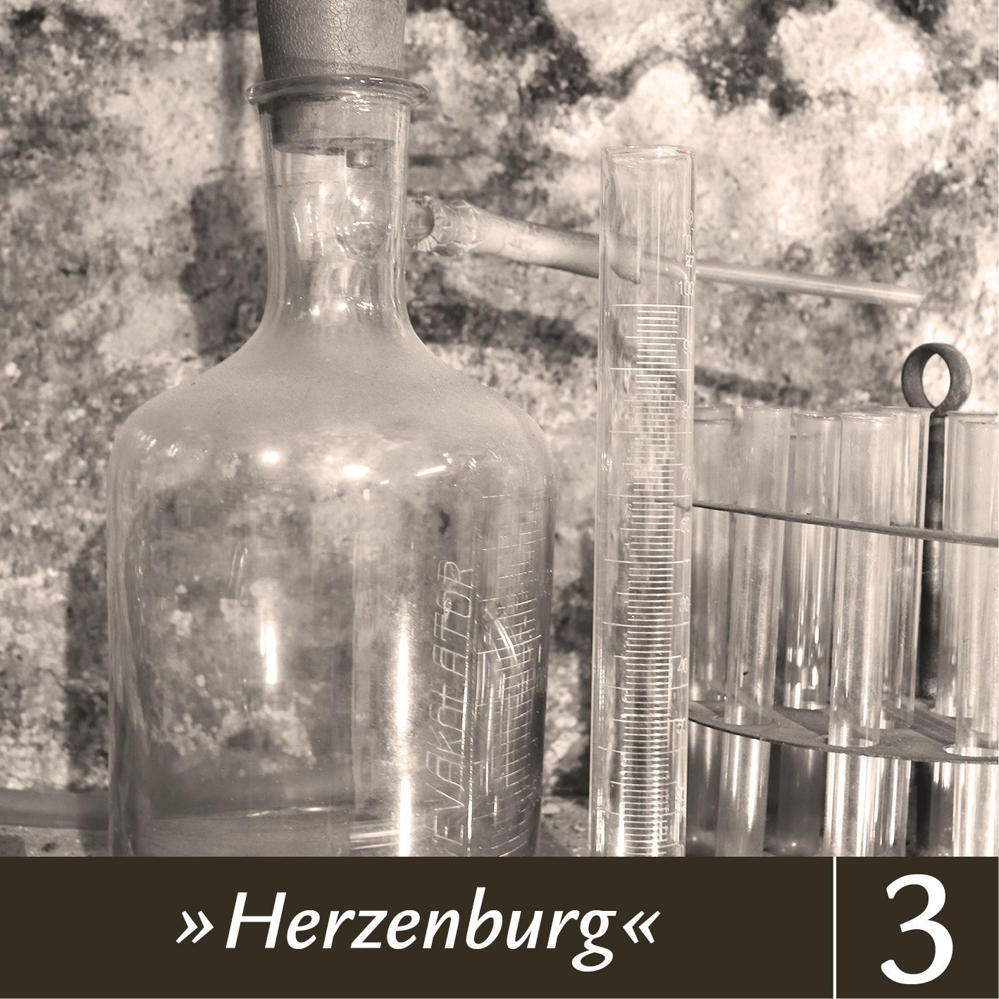A laboratory setup with a clear glass bottle, a graduated cylinder, and a rack of test tubes.