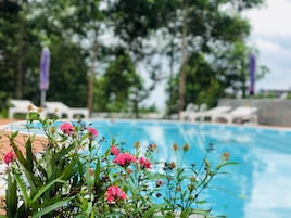 Una piscina al aire libre, tumbonas