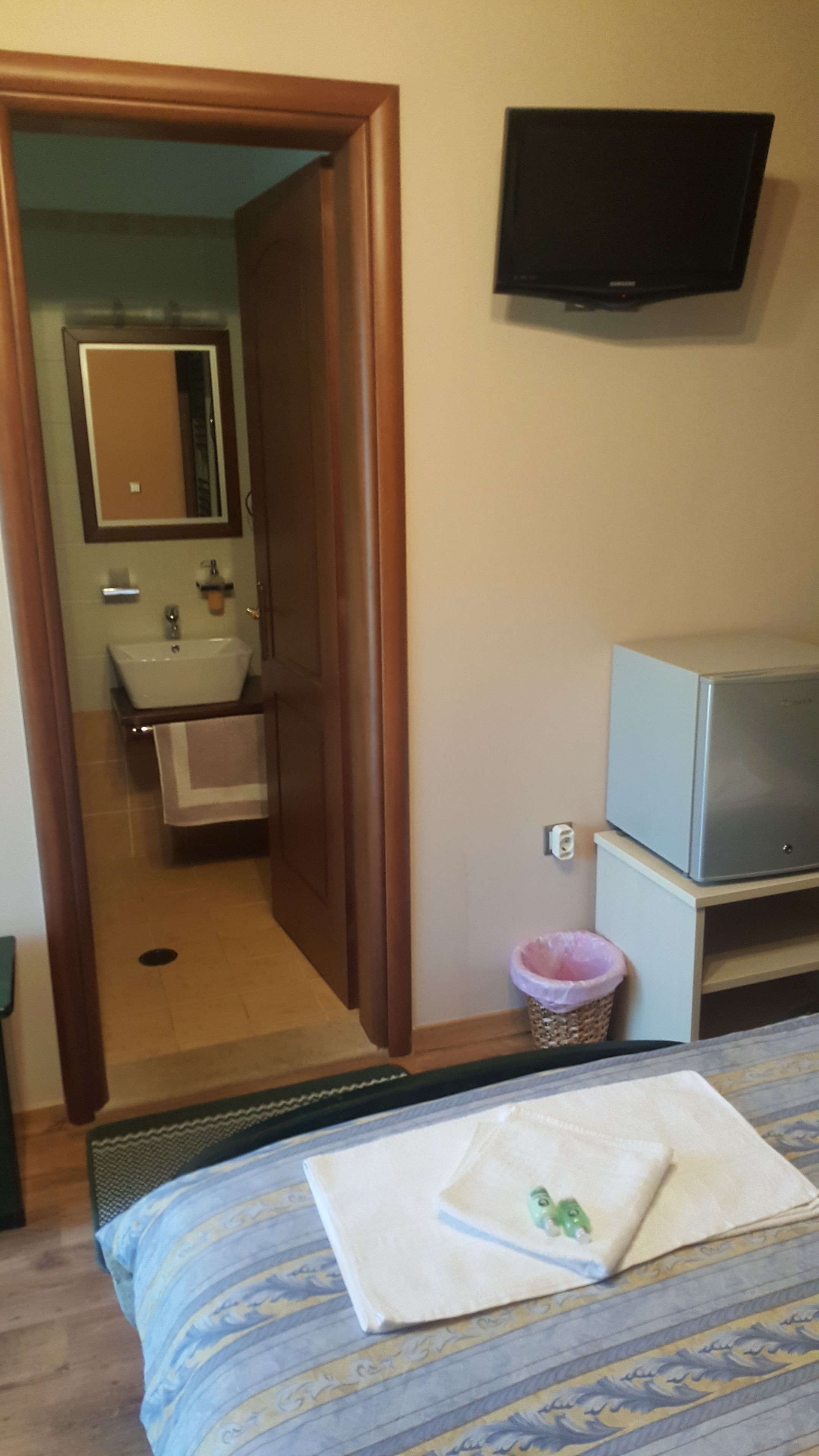 A hotel room with a bed, a TV mounted on the wall, a bathroom with a sink and mirror, and a trash bin.