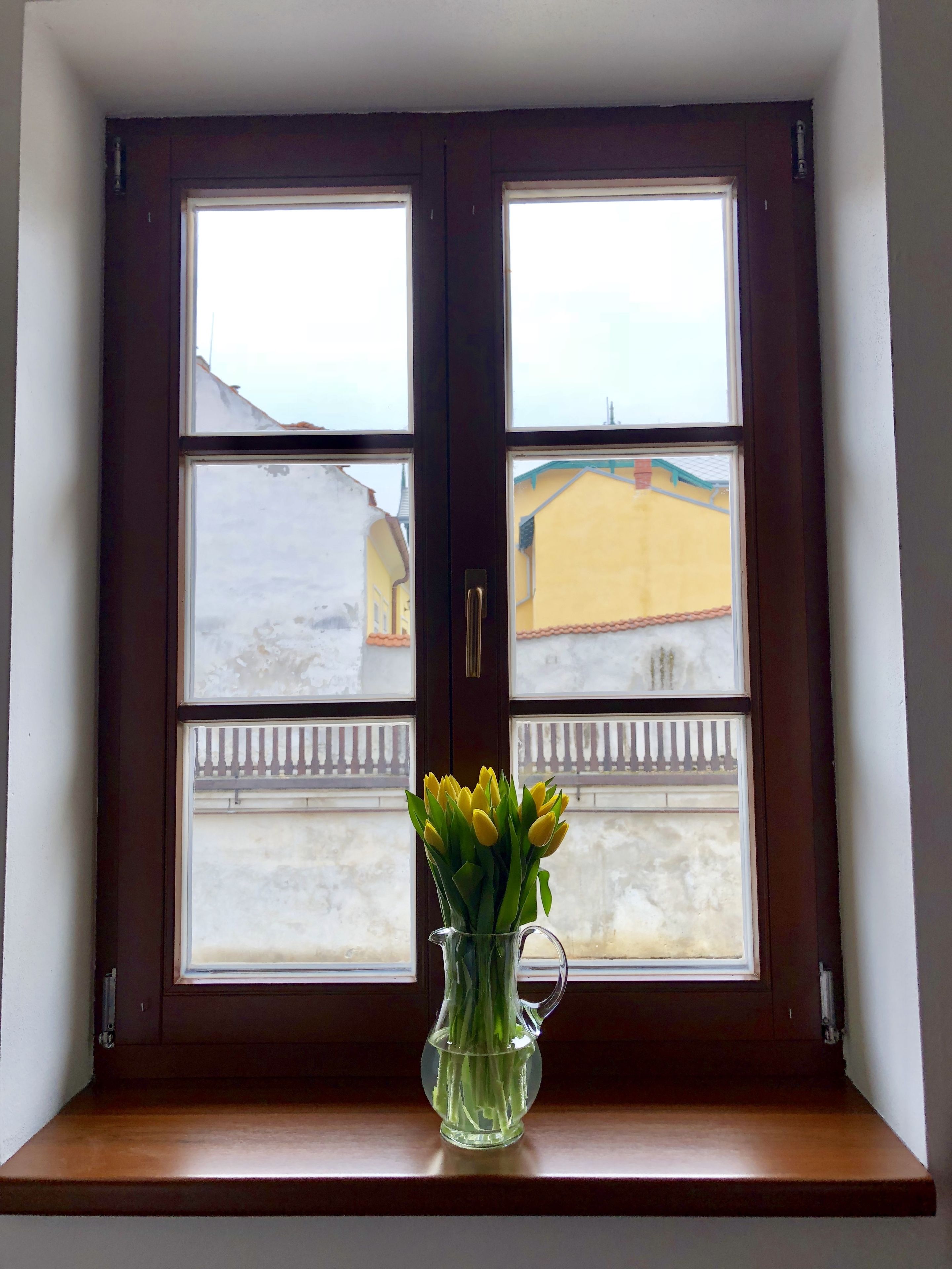 Una ventana con vista despejada a un edificio amarillo y una valla blanca.