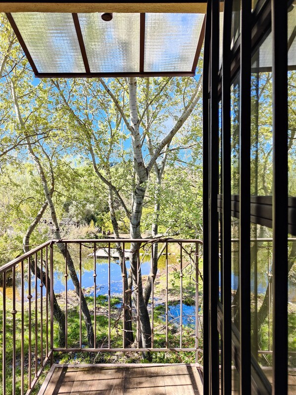 Un balcón con vista a árboles y una masa de agua.