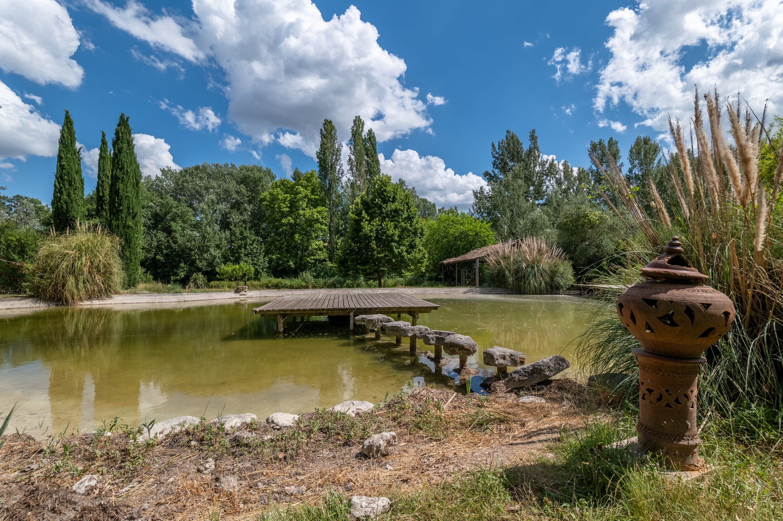 Ein friedlicher Teich mit einer Holzterrasse und einem rustikalen Blumentopf.