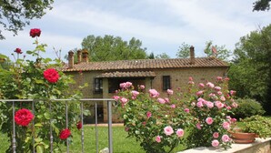 A stone house with a tiled roof, surrounded by lush greenery and blooming pink and red roses.