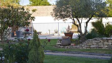 A garden with a stone wall, potted plants, and a metal fence.